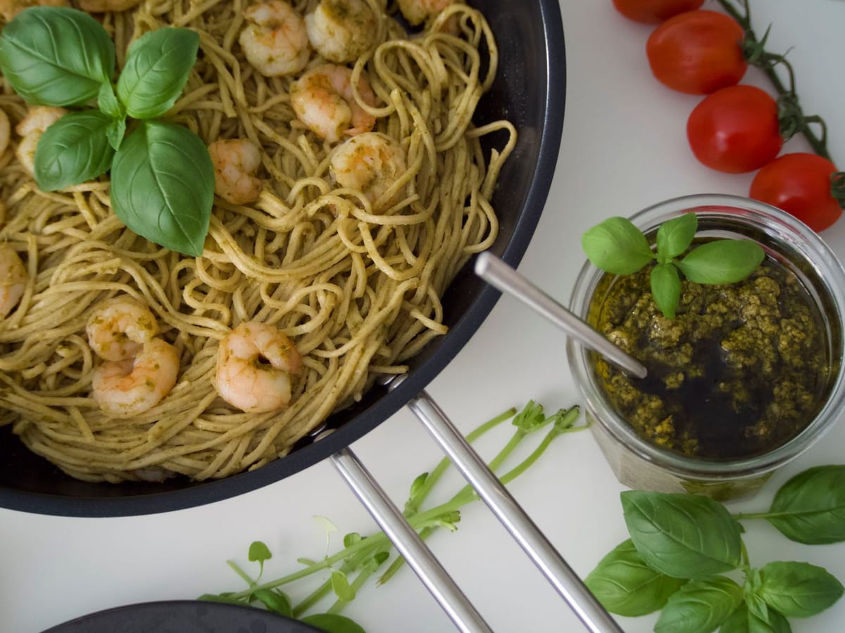 Pâtes crevettes pesto